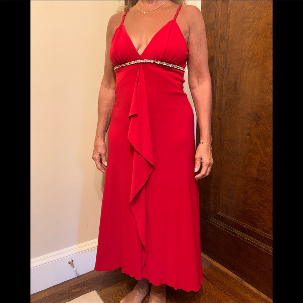 Classic floor length racerback gown with crystal embellishments